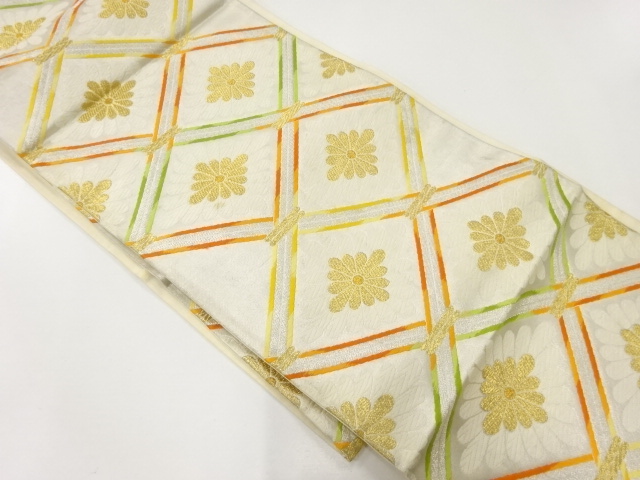 JAPANESE KIMONO / ANTIQUE FUKURO OBI / SILK / WOVEN KIKU RHOMBUS